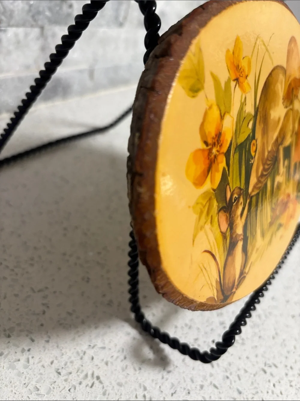 VTG 70’s Rustic Yellow Mushroom & Mouse Oval Wood Slice Decoupage Wall Plaque